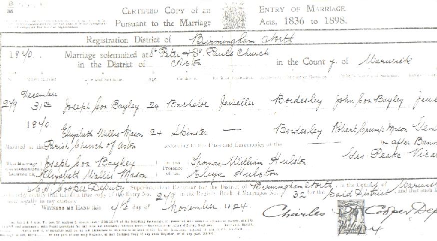 Joseph Cox Bayley's marriage certificate
