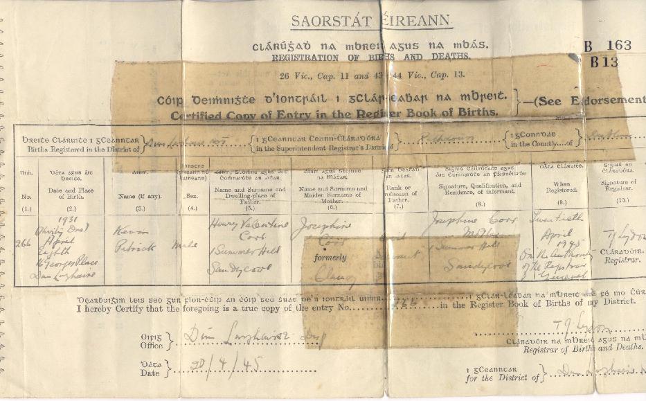 Kevin Patrick Corr's birth certificate