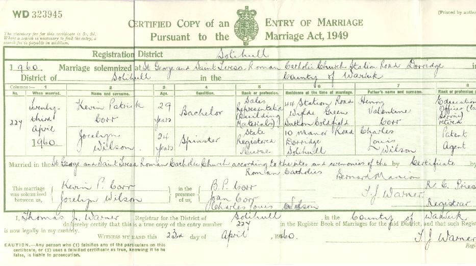 Kevin Patrick Corr's marriage certificate