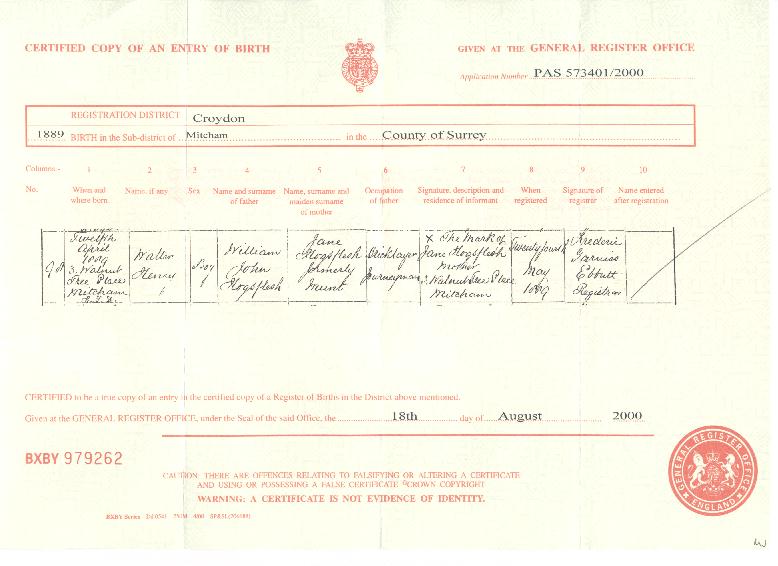 Walter Henry Hogsflesh's birth certificate