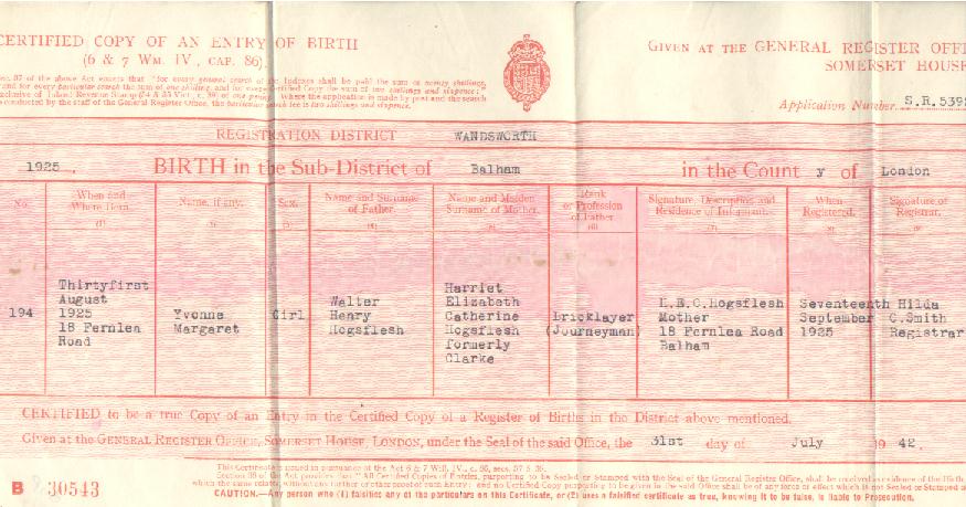 Yvonne Margaret Hogsflesh's birth certificate