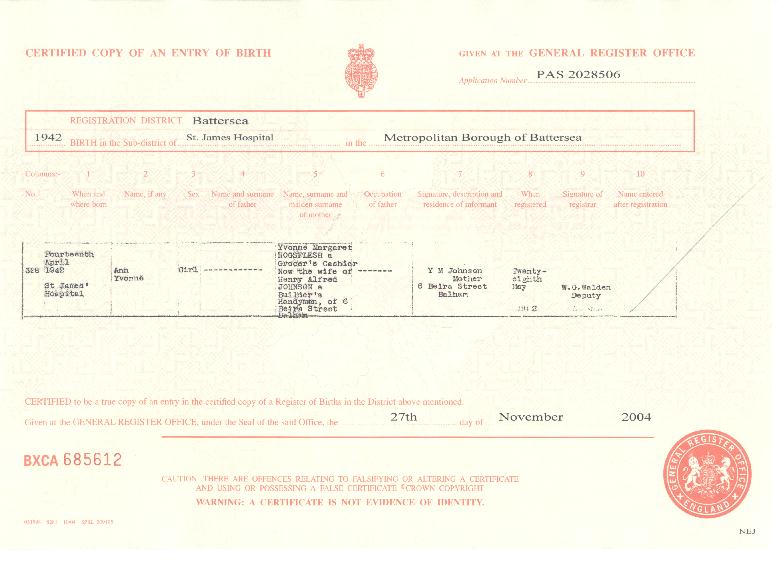 Ann Yvonne Johnson's birth certificate