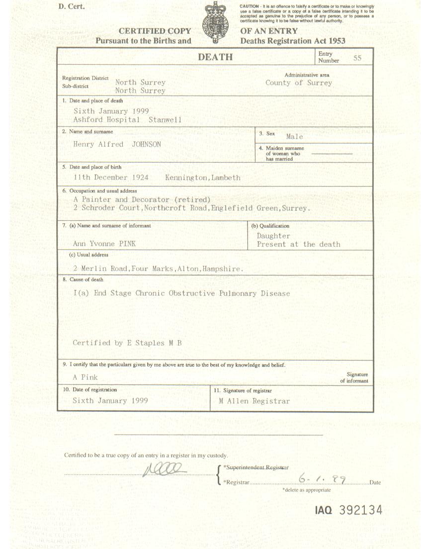 Henry Alfred Johnson's death certificate