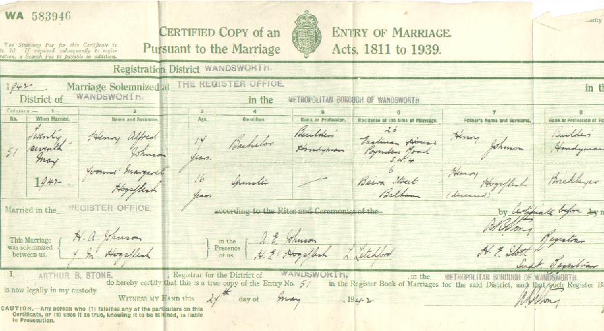 Henry Alfred Johnson's marriage certificate