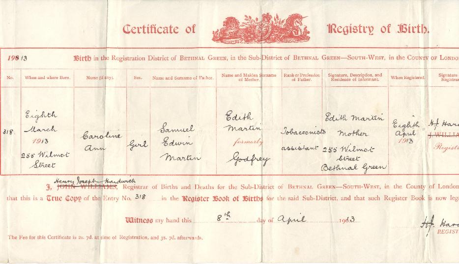 Caroline Ann Martin's birth certificate