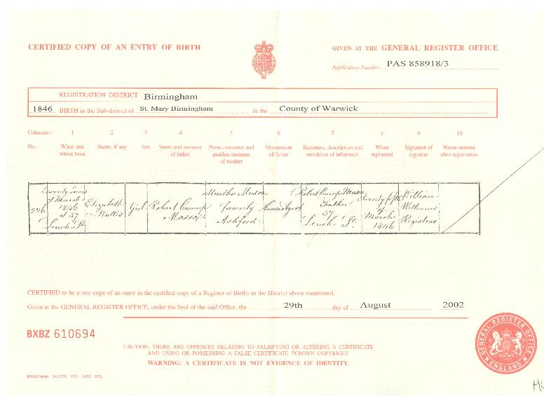 Elizabeth Wallis Mason's birth certificate