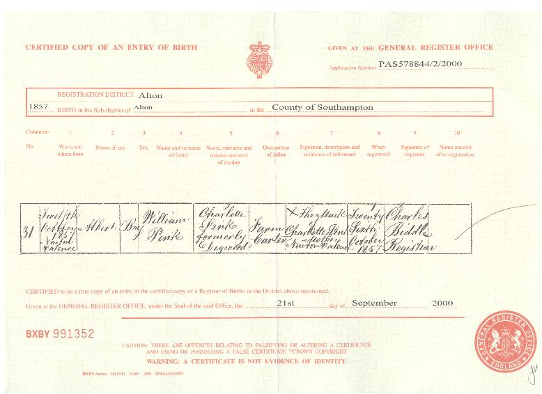 Albert Pink's birth certificate