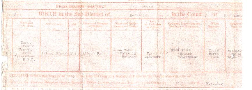 Arthur Frank Pink's birth certificate