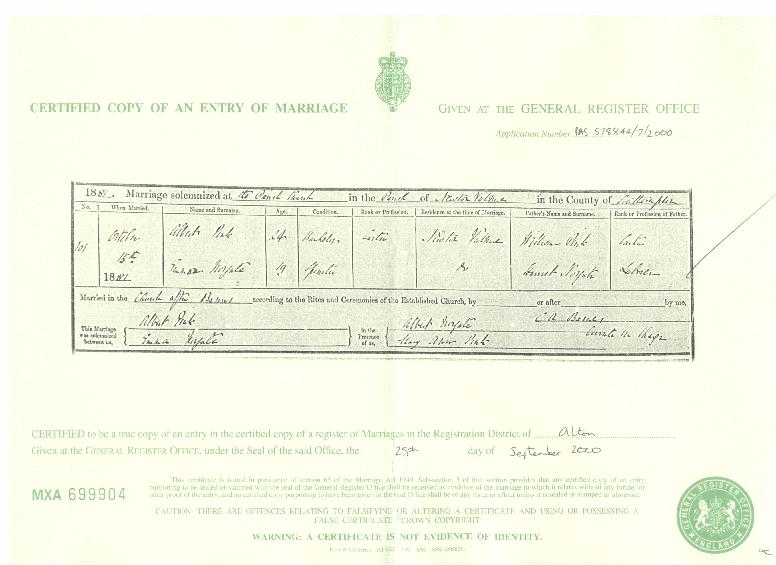 Albert Pink's marriage certificate