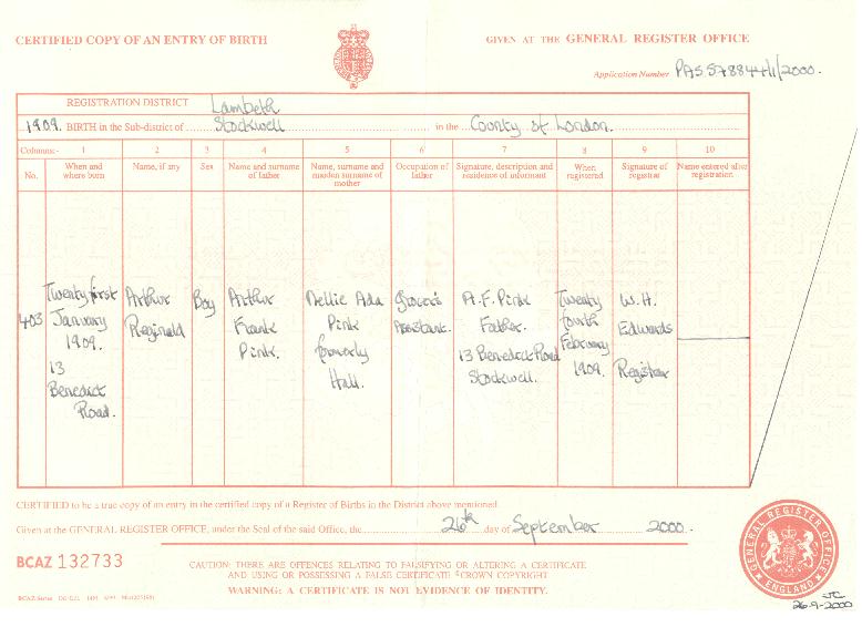 Arthur Reginald Pink's birth certificate