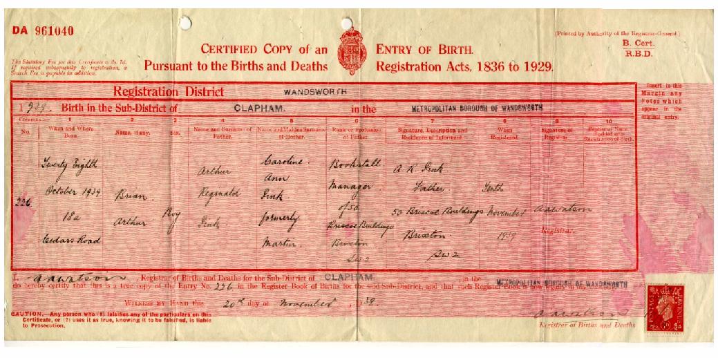 Brain Arthur Pink's birth certificate