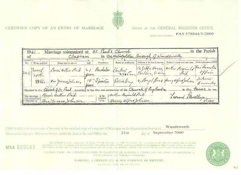 Brian Arthur Pink's marriage certificate