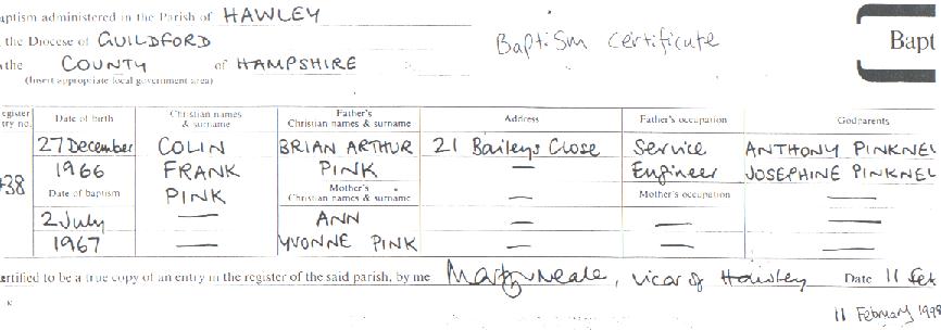 Colin Frank Pink's baptism certificate