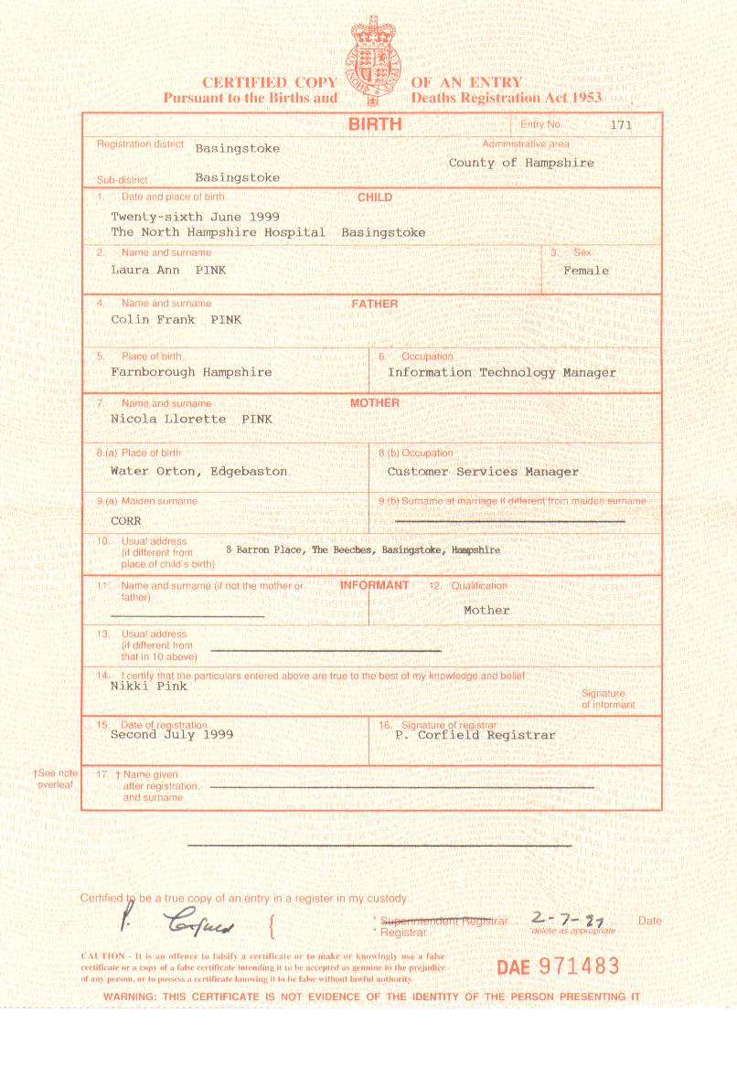 Laura Ann Pink's birth certificate