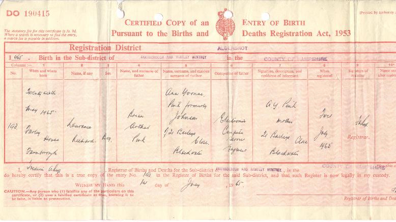 Laurance Richard Pink's birth certificate