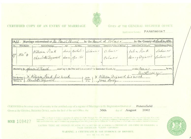 William Pink's marriage certificate